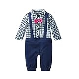 GudeHome 赤ちゃん ロンパース 男の子 カバーオール 紳士風 子供フォーマル服 ベビー 春秋着 蝶ネクタイ付き 格子縞 子供洋服 出産祝い お出かけ 結婚式 写真撮影 ブルー 70