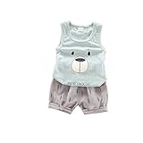 ベイビー服 男の子キャミソール Pojour ランニングシャツ 夏子供Ｔシャツ＋パンツ ボーイズかわいいクマ2セット　子供ギフト 綿 通気 グリーン 80cm
