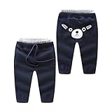 LittleSpring秋冬 ベビー 裏起毛 パンツ ストレッチ スウェット ロングパンツ 男の子 女の子 厚手 防寒 保温 可愛い お尻 クマ 着ぐるみ 青 ネイビー 90