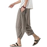 [Fasshonrida] サルエルパンツ メンズ アラジンパンツ 夏用 ズボン 7分丈 ワイドパンツ 大きいサイズ ゆったり ボトムス イージー ぱんつ 涼しい リネン クロップド エスニック 袴 カジュアル 春 夏 sand beige XL
