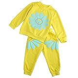 Happyハッピー耳　子供服　女の子　長袖　ｔシャツ＆ロングパンツ　上下セット　花柄　ベビー　かわいい　パーカー　パジャマ　コットン　0～4歳設定　春秋　5色 (イエロー, 90)