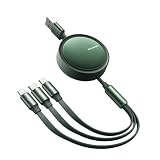 Mcdodo 3in1 巻き取り式充電ケーブル 一方向も伸びる 3.5A急速充電 3種類同時充電 高速データ転送(ライトニングのみ) Light-ningケーブル USB-Cケーブル Micro USBケーブル アルミ合金外装 強靭TPE外皮 Type-Cコード 5つの長さ調節可能 1本3役充電コード iPhone iPad Androidなど機器対応 型番JCA-7257 グリーン