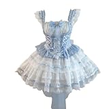 [トクとユウ] キャミソール ミニスカート ゴスロリ ガールズ リボン ティアード Lolita ジャンパースカート 宮殿風 森ガール お姫様 病みかわいい お茶会 文化祭 イベント (ブルー, L)