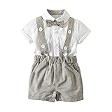 赤ちゃんフォーマル 英国スーツ　サスペンダーパンツ　蝶ネクタイ3点セット　 ジェントルマン 　男児　ベビー服　 発表会 結婚式 七五三 (90サイズ, グレー系)