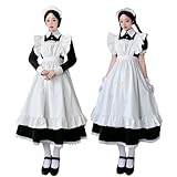 [JUNDOMECY] 英國風 メイド服 ロング ワンピース 長袖 半袖 上質 クラシカル ロイヤルメイド 可愛い メイド コスプレ 衣装 エプロン フリル カチューシャ 黒 白 大きいサイズ ハロウィン 仮装 喫茶店 変装 パーティー イベント (L, 半袖)