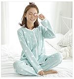 授乳パジャマ マタニティ 秋冬 授乳服 長袖前開き 授乳口付 マタニティウェア レディース 妊婦服 産前産後 ウエスト調節機能 ルームウェア (グリーン 緑, L)