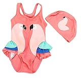 Plus Nao(プラスナオ) 子供用水着 ワンピース水着 帽子付き 2セット スイムウェア スイムキャップ 女の子用 女児 キッズ ジュニア 小学生 スイカレッド【パロット】 XL