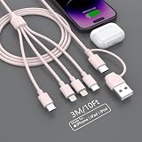【2025年モデル】4in2 充電ケーブル USB/Type-Cケーブル 4 in 2 充電コード 3M 3A急速充電 4台同時充電 (ライトニング/USB-C/Micro USB端子) iPhone Android タイプC 充電コード 各種対応- ピンク