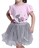 Bevalsa 子供Tシャツ Tシャツ&スカート 猫柄 花飾り チュール 女の子 綿 可愛い 半袖 夏 キッズ ベビー 上下セット