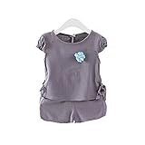 女の子の服 夏 上下セット Pojour 1-6歳キッズ用 子供かわいい無地Ｔシャツ 綿麻 通気 グレー(100cm)