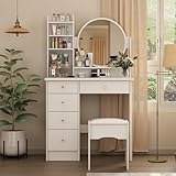 Timechee ドレッサー 幅80cm コンパクト テーブル ライト付き 大容量収納力 女優ミラー 鏡台 化粧台 スツール付き 姫系 かわいい 引き出し5杯 (ホワイト, ライトなし)