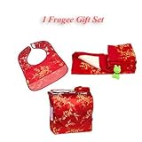 I Frogee Brocade Diaper Bag + Bib + Blanket Gift Set in Red Gold Cherry Blossom Print by I Frogee