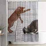 King Dare 猫 喧嘩 シャワーカーテン バスカーテン 浴室カーテン 防水 防カビ おしゃれ 清潔感 速乾 軽量バスルーム 150ｃｍ×180ｃｍ リング付属 厚手 取り付け簡単