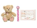 Baby First Teddy Bear Musical Plush Baby Gift Set with Bib and Burp Set & Pacifier Clip (Pink) by Ba