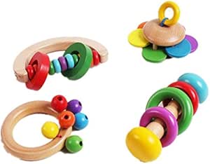夢の空 赤ちゃんのおもちゃ 新生児 木製鈴を振る玩具0 1歳の赤ちゃんのため 知育玩具幼児教育 滑らかなカラフルな乳幼児の手の鳴らす鈴 がらがら ラトル おもちゃ Amazon