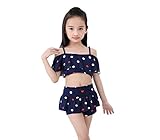 (美来Kids) 子供 女の子 セパレート 水着 フリル ドット ハート 肩紐調節 オフショルダー ビキニ ２点セット (S(90-100cm), ネイビー)