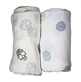 Babio Muslin & Bamboo Cotton Baby Swaddle Blanket Set - 47 inch x 47 inch - White/Blue by Babio