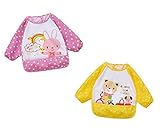 COTARON　ベビーエプロン 長袖 ポケットつき 防水 動物柄 １歳〜3歳　2色セット (2色タイプA（ヒモ）)