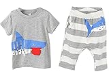 Plus Nao(プラスナオ) 子供用 セットアップ 2点セット Ｔシャツ×パンツ ストライプ×イラストプリント 七分丈パンツ 半袖 ポケット付き 男の グレー 140
