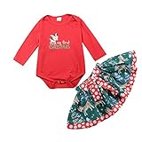 Ochine 新生児 クリスマス レッドロンパース＋鹿柄スカート 蝶結び付き 上下2点 セット服 長袖ロンパース クリスマスギフト 出産祝い 70 80 90 100