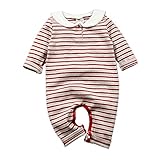 Famuka 可愛い猫襟べビー服　幼児ストライプコットンロンパース　キッズカートゥーンジャンプスーツ (9-12ヶ月, 赤)