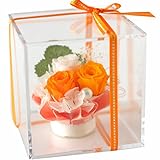 Azurosa(アズローザ) プリザーブドフラワー ギフト枯れない花 バラ アジサイ クリアキューブ オレンジ 【ラッピング リボン 済み】