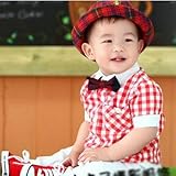 1-3歳 撮影写真 ベビー 幼児 チェック柄 蝶ネクタイ Tシャツ+ズボン 1-3歳に合う 【1点】