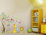 Removable Jungle Theme Room Sticker Colorful Owl Giraffe Lion Tree Decorative Wall Decal for Childre