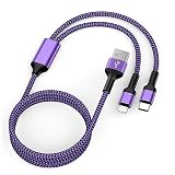 2in1 iPhone 充電ケーブル タイプc/Lightning USBケーブル 1.2M 2.4A&3A急速充電 Haoano マルチケーブル 2イン1 USB-A ライトニングケーブル 2台同時給電 iPhone 15 Pro Max/14/13/12/SE/iPad Air/Mini/Galaxy S24/S23パープル