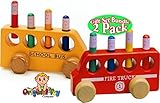 The Original Toy Company Pop Up Wooden Fire Truck & Pop Up Wooden School Bus Gift Set Bundle - 2 Pac