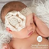 ☆レースバンドがエレガントサテンフラワーとラインストーンのヘアバンド☆クリーム