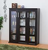 3枚扉 ガラス扉 キャビネット 薄型 奥行、約26cm 収納家具 飾り棚 小物 本棚 扉付 書棚 ブラウン