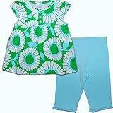 カーターズ（Carter's）女の子用緑&水色花柄フレンチスリーブチュニック&アクアブルーパンツ上下2点セットアップ 6months 6ヶ月用　70cm グリーン半袖トップス,水色コーデパンツ,出産祝