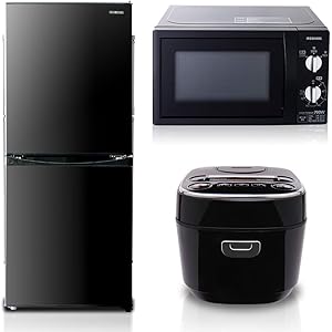 【3点セット買い】アイリスオーヤマ 冷蔵庫142L ブラック + 炊飯器 3合 ブラック + 電子レンジ単機能東日本用…