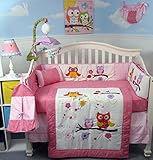 SoHo Pink Dancing Owls Baby Crib Nursery Bedding Set 4 pcs + 4 pcs Diaper Bag set (Total 8 Pcs Set) 