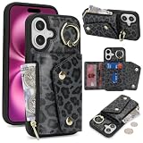 for iPhone 16 Plus ケース アイホン 16Plus 背面フリップ 手帳型 360°回転 携帯カバー for iPhone16Plus Case SunYoo ICカード コインポケット ストラップ付き カード 収納 小銭入れ ファスナーポケット付き 豹柄 ヒョウ柄 ブラック