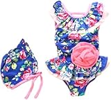 キッズ 花柄 フリル 水着 お揃い キャップ セット (M（100～110）, ブルー)