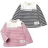 ベビー服 女の子 Tシャツ 長袖 UZULAND 接結天竺 レース切替 リボン装飾 ボーダー柄 女児 ベビー (2.ブラック/95cm)