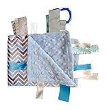 Sensory Baby Boy Tag Blanket, Blue Gray Chevron, 14" X 18". For Entertainment, Security, Comfort. Al