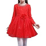 MAOMAO お姫様　ガールズ フォーマル 子供ドレス キッズドレス ワンピース 女の子 長袖 レース　お花 可愛い　発表会 結婚式 入園式 演奏会 レッド　130