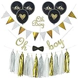 qutechatベビーシャワーデコレーションfor Boy, Oh Boyケーキトッパー、Ohベビーバルーン、Oh Boyバナーを蝶ネクタイ、ゴールドキラキラ、ブラックグリッター、タッセル、ゴールドと