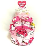 16057 おむつケーキ２段　女の子マイメロディのスタイ＆ベビーソックス　サンリオキャラクター　オムツケーキ出産祝い