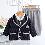 S'Mベビー服タキシード男の子フォーマル男児洋服新生児セレモニーシーツ蝶ネクタイ長袖秋３点セット結婚式入園式グレー紺白いシャツトップスボトムス出産祝い退院祝い宮参り　S'M(エスエム）グレー紺ボーダー