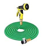 PLUSINNO　伸縮ホース　散水ホース　伸びるホース　魔法のホース　三層構造ゴム　3倍に伸びる　9パターン散水ノズル　ノズル付き　ガーデニング　花園　洗車　掃除用　緑【1年間の安心保証】 (7.5M