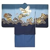 七五三 5歳 男の子 羽織と着物アンサンブル 合繊「青紺系 鷹に軍配」AKI1743