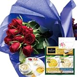 花とスイーツ ギフトセット エレガント レッドバラ　花束 と クノールスープとコーヒーセットA 写真入り・名入れメッセージカード