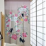 Japanese Noren Romantic Rose Decoration Archway Door and Lucky Black Cat Pattern Door Curtain Childr