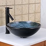 Eliteバスルームブルーストライプガラス容器シンク& Oil Rubbed Bronzeシングルレバー蛇口コンボ