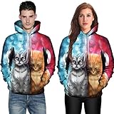 Holdego 男性 女性 モード3D猫プリントロングスリーブ カップルパーカーTop ブラウスシャツ 3Dプリント猫セーターストリート フード付 大きいサイズ 男女兼用 3Dプリント