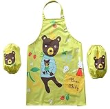 (ヤヌーク・ゴラ）エプロン キッズ 子供用 防水 腕カバー 付 幼稚園 保育園 給食 絵画 工作 撥水 (みどり クマ 親子)